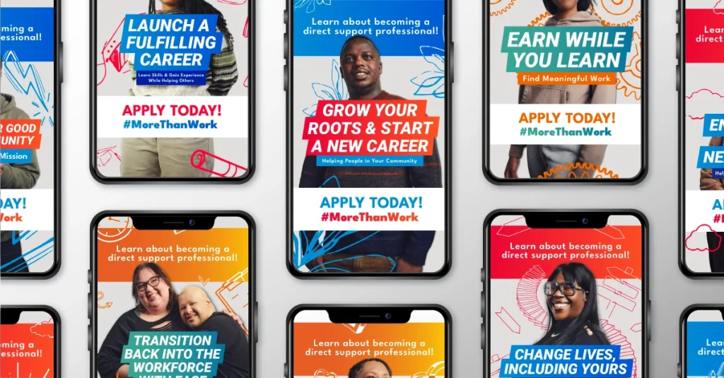 Digital Marketing ads from various campaigns displaying on mobile devices.