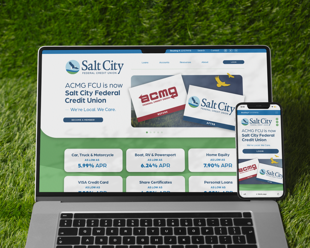 New website on a laptop from Vibrant Brands for Salt City Federal Credit Union, whocing the homepage and updated branding package.